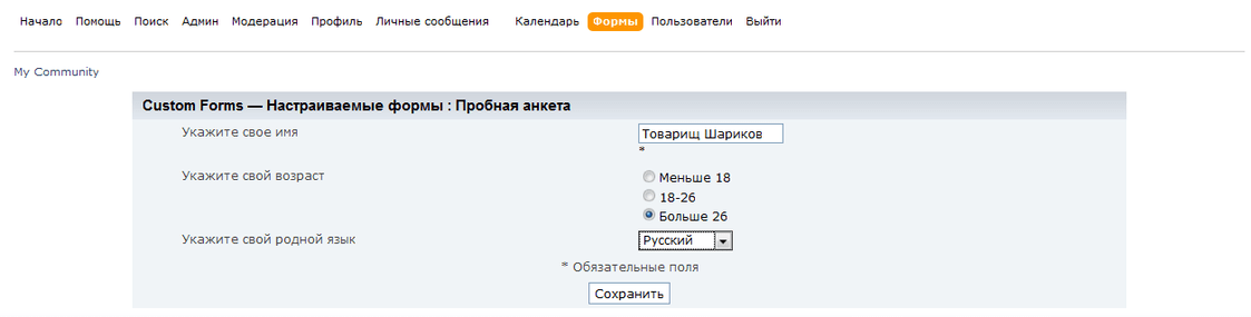 Пример созданной формы
